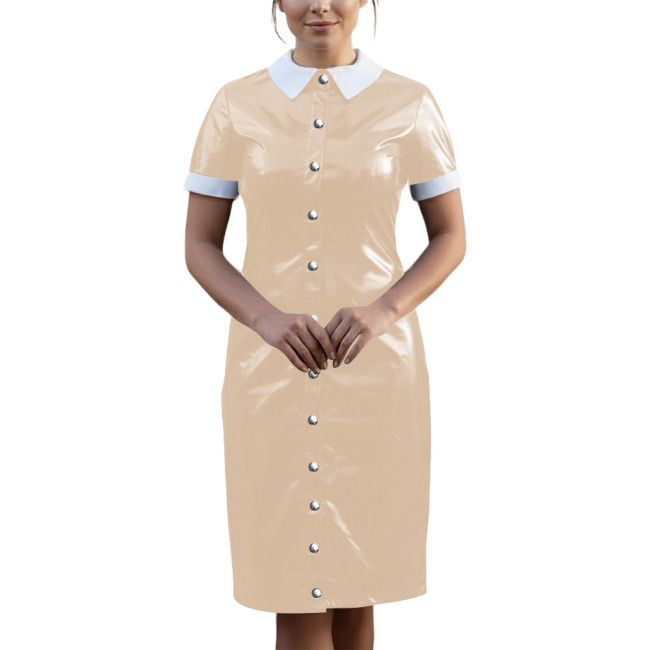 Vintage Wetlook PVC Leather Party Uniform Short Sleeve Club Vestidos Bodycon Midi Dress Button Down Fetish Female Cosplay Dress
