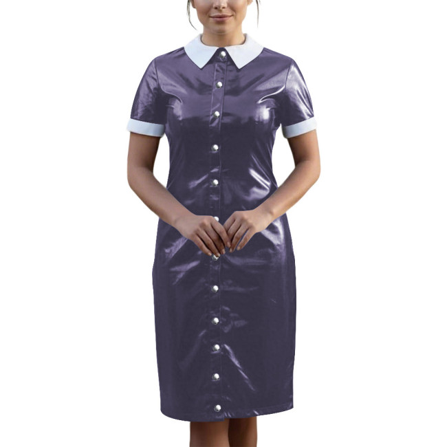 Vintage Wetlook PVC Leather Party Uniform Short Sleeve Club Vestidos Bodycon Midi Dress Button Down Fetish Female Cosplay Dress