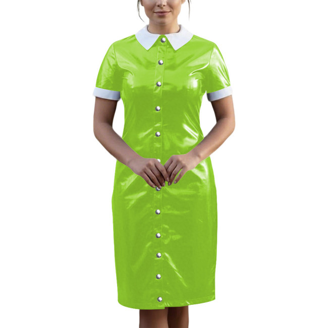 Vintage Wetlook PVC Leather Party Uniform Short Sleeve Club Vestidos Bodycon Midi Dress Button Down Fetish Female Cosplay Dress