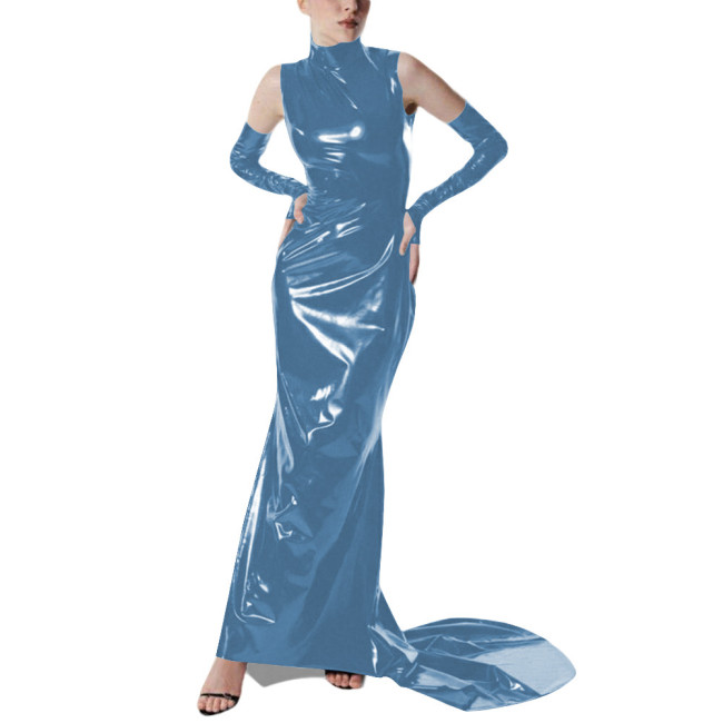 Exotic Gloves Shiny PVC Party High Neck Maxi Dress Wetlook Bodycon Evening Gown Trailing Floor Length Cocktail Prom Crossdresser