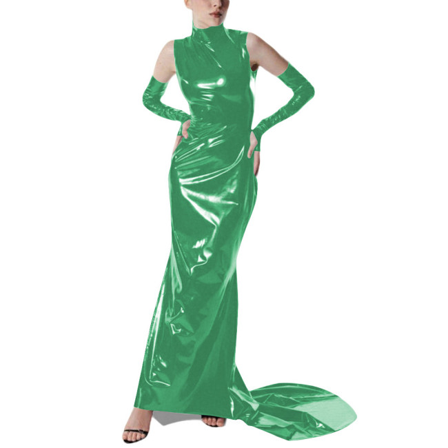 Exotic Gloves Shiny PVC Party High Neck Maxi Dress Wetlook Bodycon Evening Gown Trailing Floor Length Cocktail Prom Crossdresser