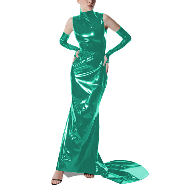 Exotic Gloves Shiny PVC Party High Neck Maxi Dress Wetlook Bodycon Evening Gown Trailing Floor Length Cocktail Prom Crossdresser