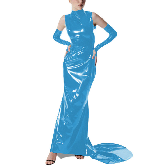 Exotic Gloves Shiny PVC Party High Neck Maxi Dress Wetlook Bodycon Evening Gown Trailing Floor Length Cocktail Prom Crossdresser