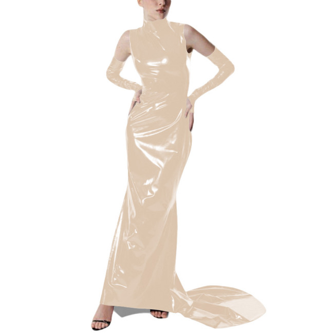 Exotic Gloves Shiny PVC Party High Neck Maxi Dress Wetlook Bodycon Evening Gown Trailing Floor Length Cocktail Prom Crossdresser