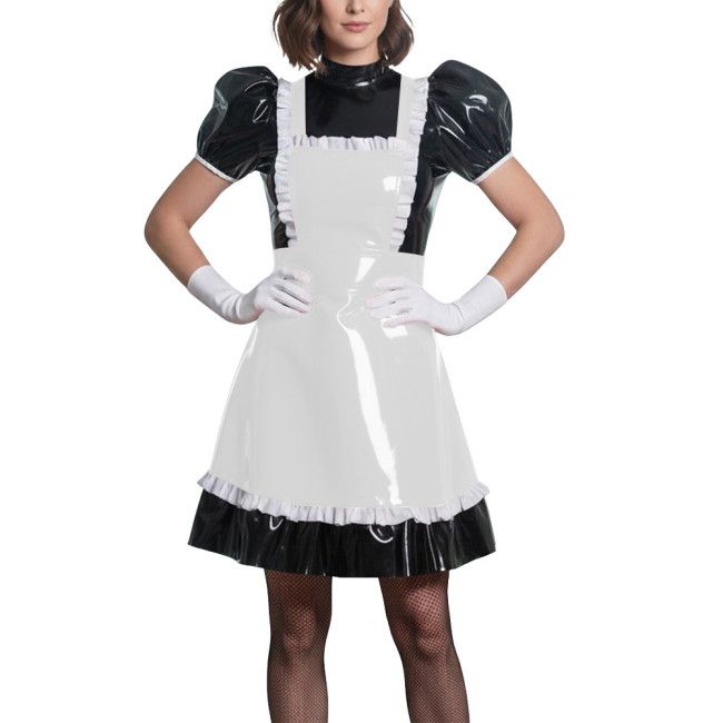 Sweet Puff Sleeve Lolita Wetlook Maid Dress Glossy PVC Leather Anime Theme Party Dress Gothic Puff Sleeve Cosplay French Costume