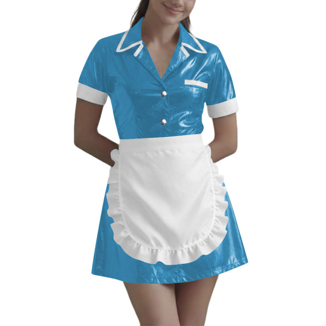 Women Wetlook Maid Cosplay Mini Dress Cute Ruffle Apron Lolita Halloween Short Sleeve PVC Leather Party Sexy Waitress Uniform
