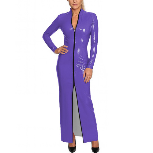 Y2K Shiny Wetlook Bodycon Rave Party Maxi Dress Long Sleeve Cosplay Dress Front Zip PVC Leather Gown Sexy Latex-Like Clubwear