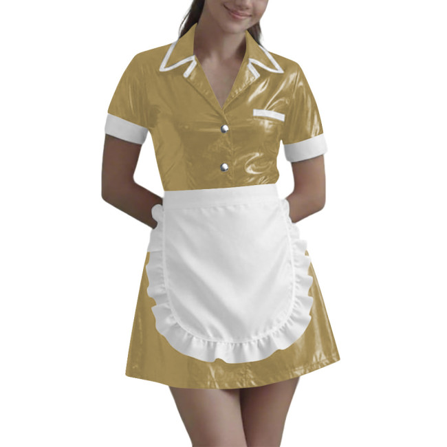 Women Wetlook Maid Cosplay Mini Dress Cute Ruffle Apron Lolita Halloween Short Sleeve PVC Leather Party Sexy Waitress Uniform