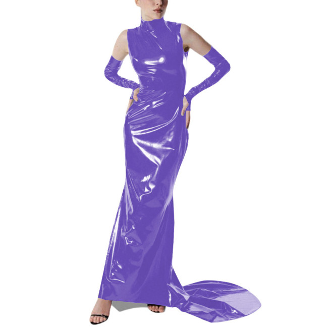 Exotic Gloves Shiny PVC Party High Neck Maxi Dress Wetlook Bodycon Evening Gown Trailing Floor Length Cocktail Prom Crossdresser