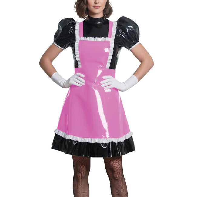 Sweet Puff Sleeve Lolita Wetlook Maid Dress Glossy PVC Leather Anime Theme Party Dress Gothic Puff Sleeve Cosplay French Costume