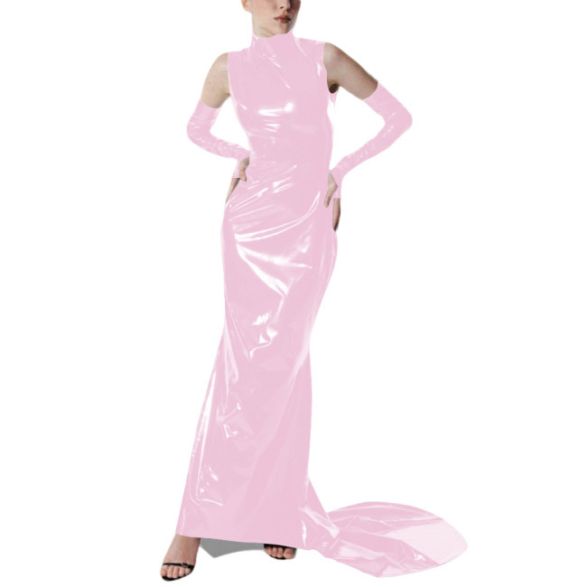 Exotic Gloves Shiny PVC Party High Neck Maxi Dress Wetlook Bodycon Evening Gown Trailing Floor Length Cocktail Prom Crossdresser