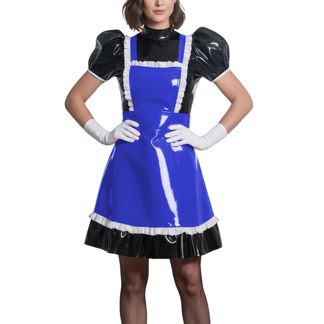 Sweet Puff Sleeve Lolita Wetlook Maid Dress Glossy PVC Leather Anime Theme Party Dress Gothic Puff Sleeve Cosplay French Costume