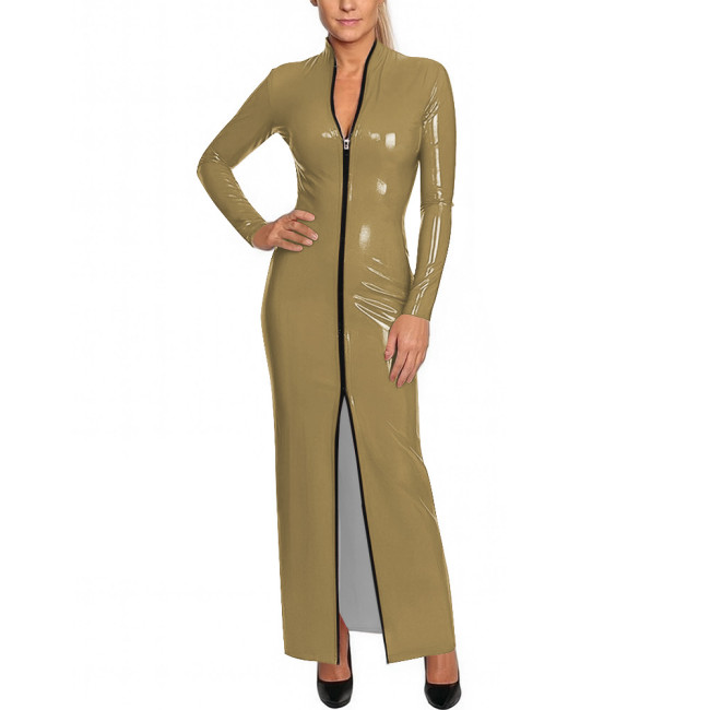 Y2K Shiny Wetlook Bodycon Rave Party Maxi Dress Long Sleeve Cosplay Dress Front Zip PVC Leather Gown Sexy Latex-Like Clubwear