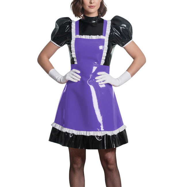 Sweet Puff Sleeve Lolita Wetlook Maid Dress Glossy PVC Leather Anime Theme Party Dress Gothic Puff Sleeve Cosplay French Costume