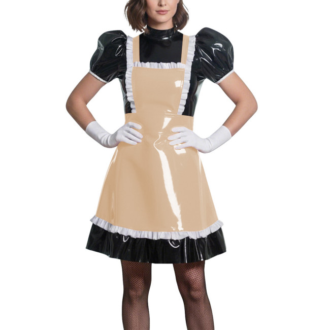 Sweet Puff Sleeve Lolita Wetlook Maid Dress Glossy PVC Leather Anime Theme Party Dress Gothic Puff Sleeve Cosplay French Costume