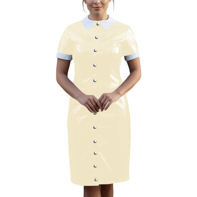 Vintage Wetlook PVC Leather Party Uniform Short Sleeve Club Vestidos Bodycon Midi Dress Button Down Fetish Female Cosplay Dress