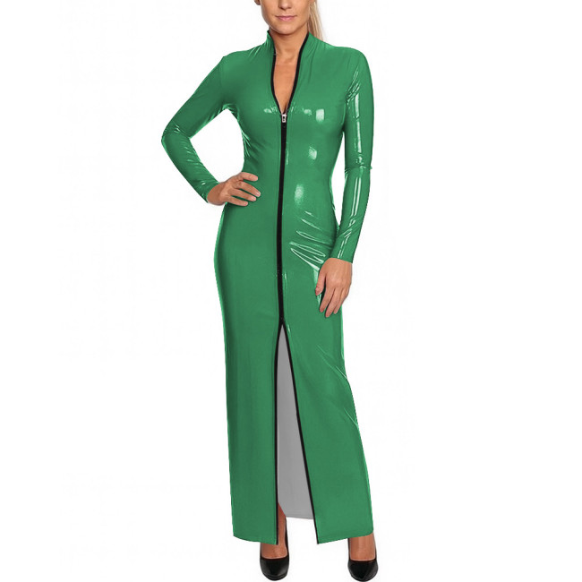 Y2K Shiny Wetlook Bodycon Rave Party Maxi Dress Long Sleeve Cosplay Dress Front Zip PVC Leather Gown Sexy Latex-Like Clubwear