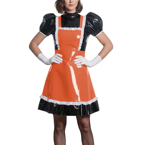 Sweet Puff Sleeve Lolita Wetlook Maid Dress Glossy PVC Leather Anime Theme Party Dress Gothic Puff Sleeve Cosplay French Costume