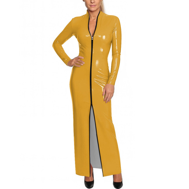 Y2K Shiny Wetlook Bodycon Rave Party Maxi Dress Long Sleeve Cosplay Dress Front Zip PVC Leather Gown Sexy Latex-Like Clubwear