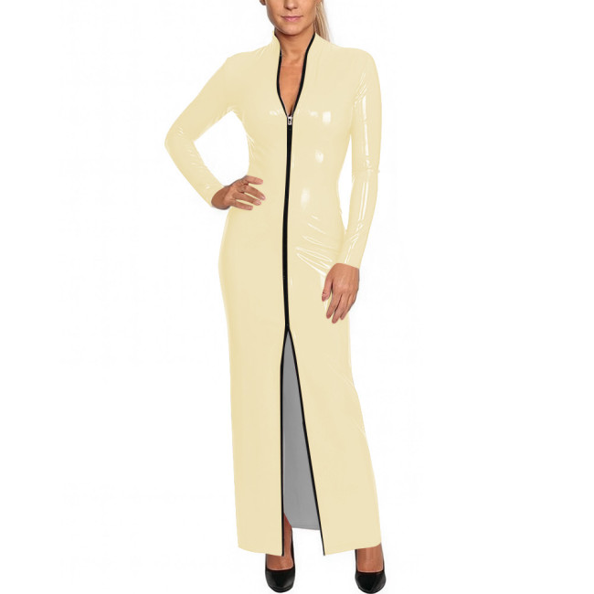 Y2K Shiny Wetlook Bodycon Rave Party Maxi Dress Long Sleeve Cosplay Dress Front Zip PVC Leather Gown Sexy Latex-Like Clubwear