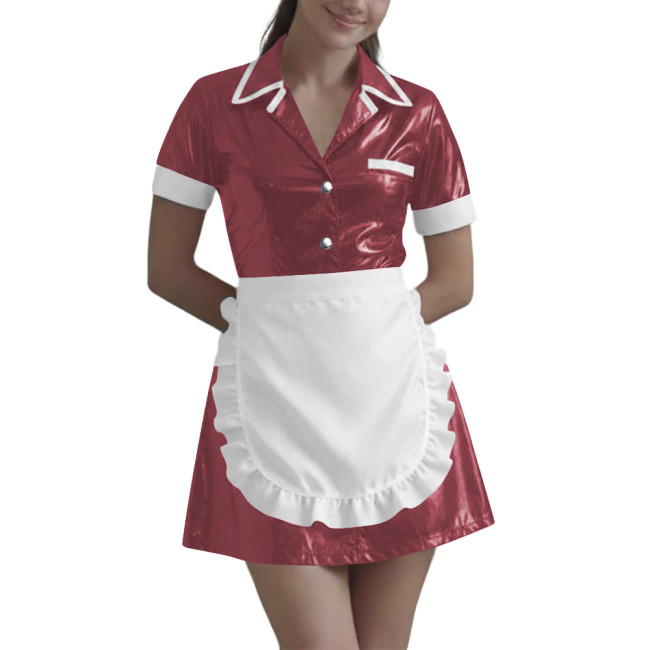 Women Wetlook Maid Cosplay Mini Dress Cute Ruffle Apron Lolita Halloween Short Sleeve PVC Leather Party Sexy Waitress Uniform