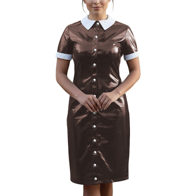 Vintage Wetlook PVC Leather Party Uniform Short Sleeve Club Vestidos Bodycon Midi Dress Button Down Fetish Female Cosplay Dress