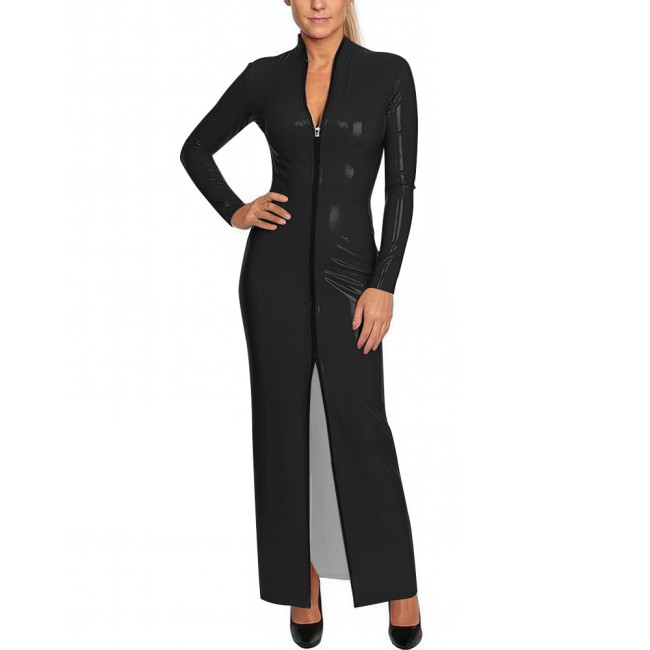 Y2K Shiny Wetlook Bodycon Rave Party Maxi Dress Long Sleeve Cosplay Dress Front Zip PVC Leather Gown Sexy Latex-Like Clubwear