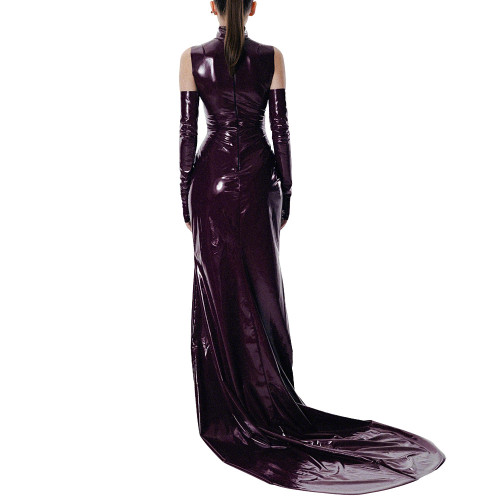 Exotic Gloves Shiny PVC Party High Neck Maxi Dress Wetlook Bodycon Evening Gown Trailing Floor Length Cocktail Prom Crossdresser