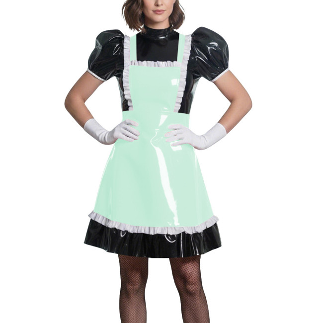 Sweet Puff Sleeve Lolita Wetlook Maid Dress Glossy PVC Leather Anime Theme Party Dress Gothic Puff Sleeve Cosplay French Costume