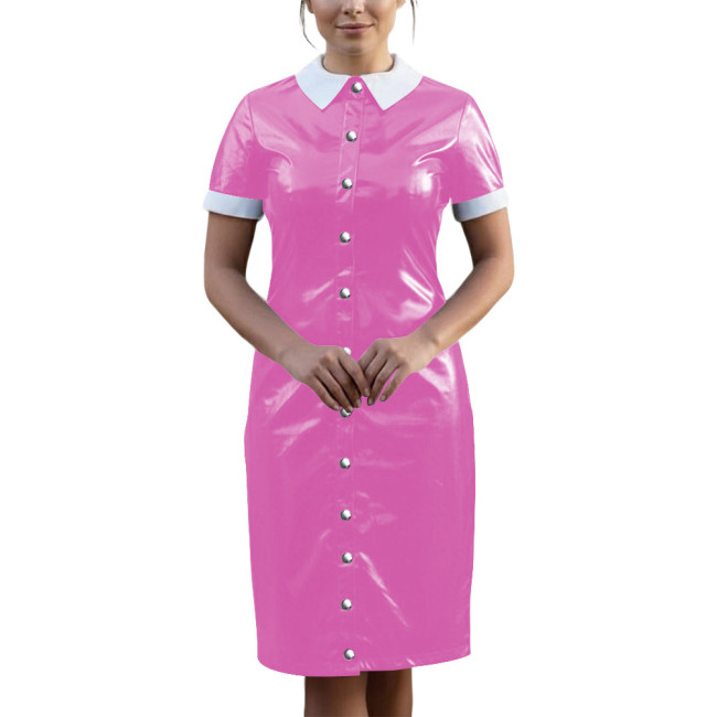 Vintage Wetlook PVC Leather Party Uniform Short Sleeve Club Vestidos Bodycon Midi Dress Button Down Fetish Female Cosplay Dress