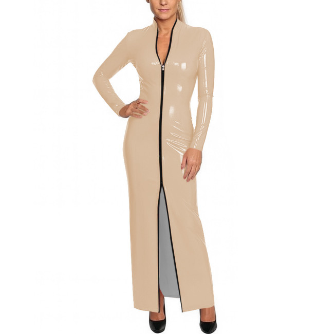 Y2K Shiny Wetlook Bodycon Rave Party Maxi Dress Long Sleeve Cosplay Dress Front Zip PVC Leather Gown Sexy Latex-Like Clubwear