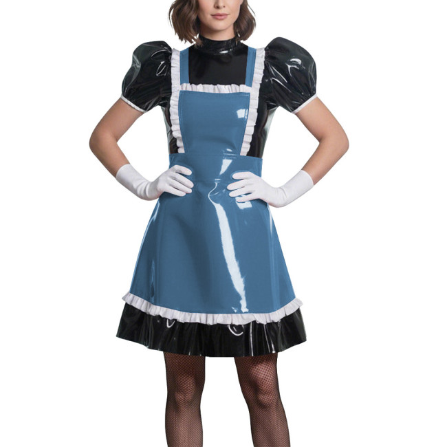 Sweet Puff Sleeve Lolita Wetlook Maid Dress Glossy PVC Leather Anime Theme Party Dress Gothic Puff Sleeve Cosplay French Costume