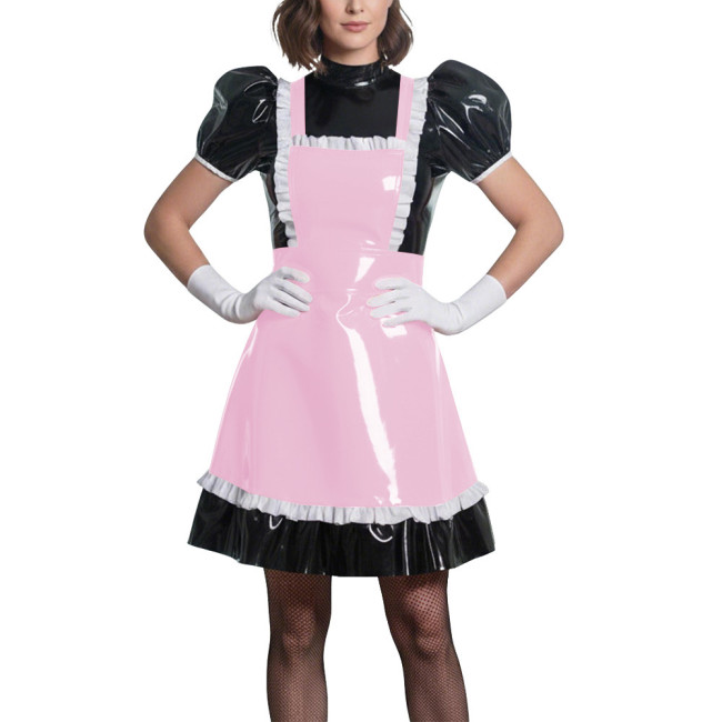 Sweet Puff Sleeve Lolita Wetlook Maid Dress Glossy PVC Leather Anime Theme Party Dress Gothic Puff Sleeve Cosplay French Costume