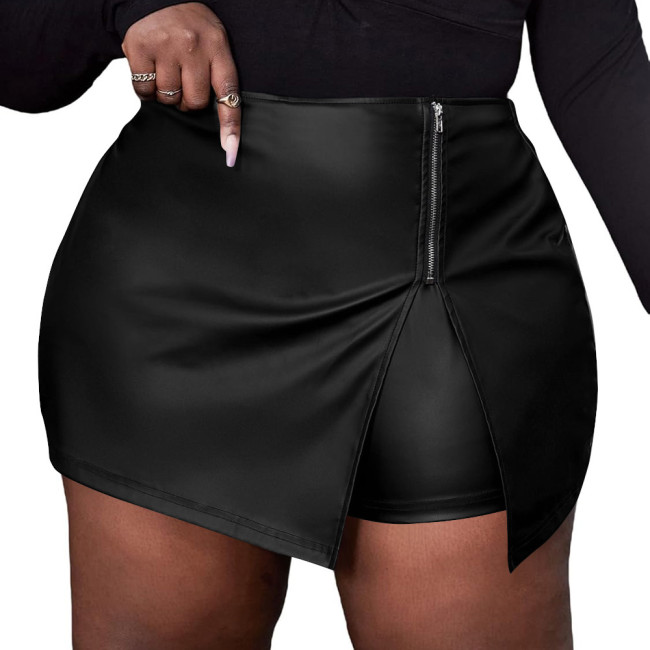 Plus Size Matte PU Leather Lady Bodycon Skirt Wetlook High Waist Skirt Built-in Shorts Party Zipper Outfit High Waist Streetwear