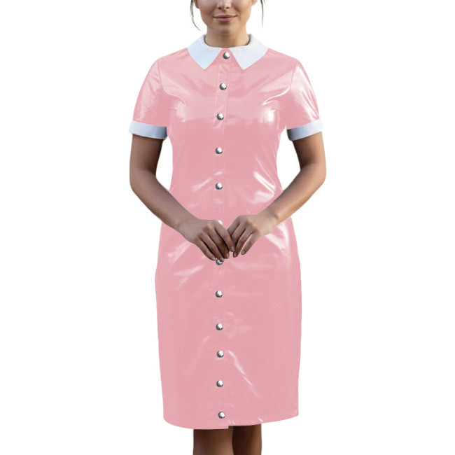 Vintage Wetlook PVC Leather Party Uniform Short Sleeve Club Vestidos Bodycon Midi Dress Button Down Fetish Female Cosplay Dress