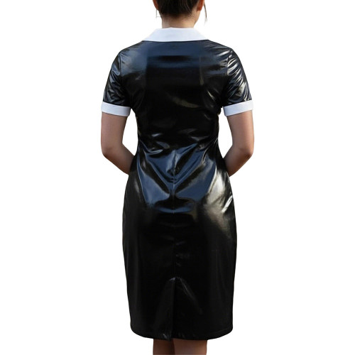 Vintage Wetlook PVC Leather Party Uniform Short Sleeve Club Vestidos Bodycon Midi Dress Button Down Fetish Female Cosplay Dress