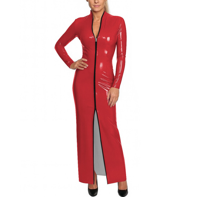 Y2K Shiny Wetlook Bodycon Rave Party Maxi Dress Long Sleeve Cosplay Dress Front Zip PVC Leather Gown Sexy Latex-Like Clubwear