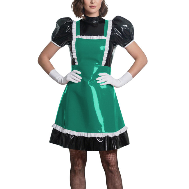 Sweet Puff Sleeve Lolita Wetlook Maid Dress Glossy PVC Leather Anime Theme Party Dress Gothic Puff Sleeve Cosplay French Costume