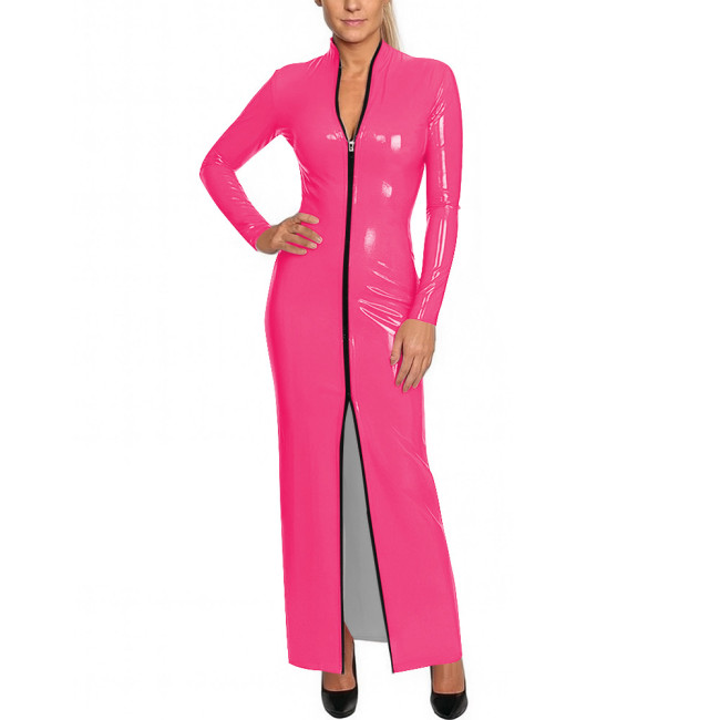 Y2K Shiny Wetlook Bodycon Rave Party Maxi Dress Long Sleeve Cosplay Dress Front Zip PVC Leather Gown Sexy Latex-Like Clubwear
