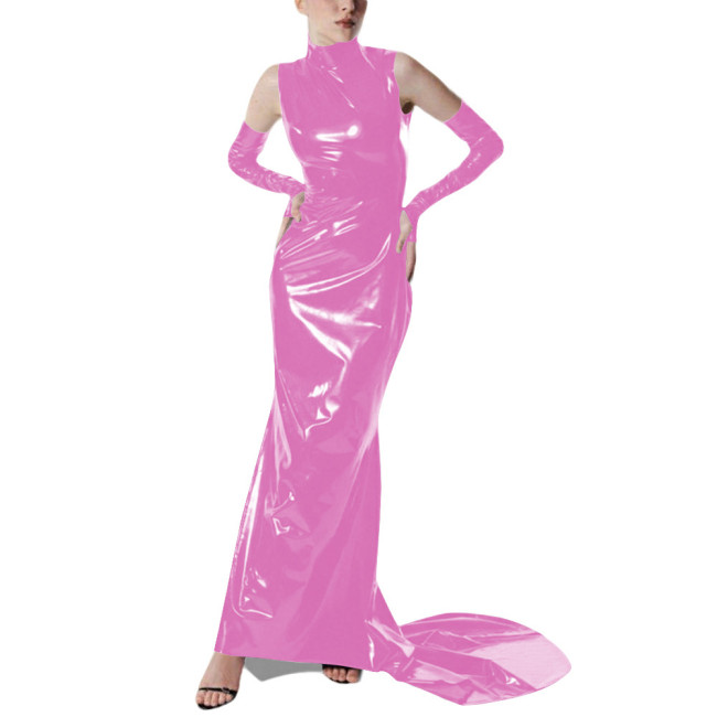 Exotic Gloves Shiny PVC Party High Neck Maxi Dress Wetlook Bodycon Evening Gown Trailing Floor Length Cocktail Prom Crossdresser