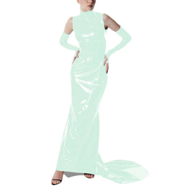 Exotic Gloves Shiny PVC Party High Neck Maxi Dress Wetlook Bodycon Evening Gown Trailing Floor Length Cocktail Prom Crossdresser