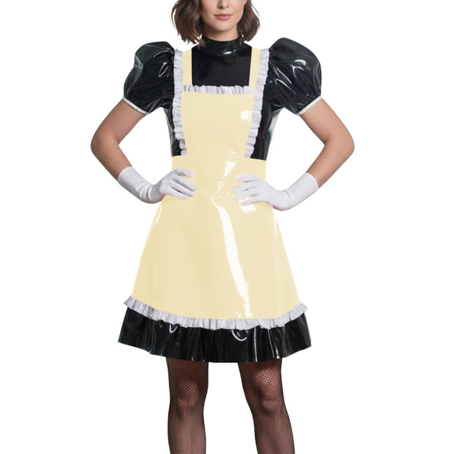 Sweet Puff Sleeve Lolita Wetlook Maid Dress Glossy PVC Leather Anime Theme Party Dress Gothic Puff Sleeve Cosplay French Costume
