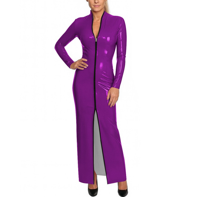 Y2K Shiny Wetlook Bodycon Rave Party Maxi Dress Long Sleeve Cosplay Dress Front Zip PVC Leather Gown Sexy Latex-Like Clubwear