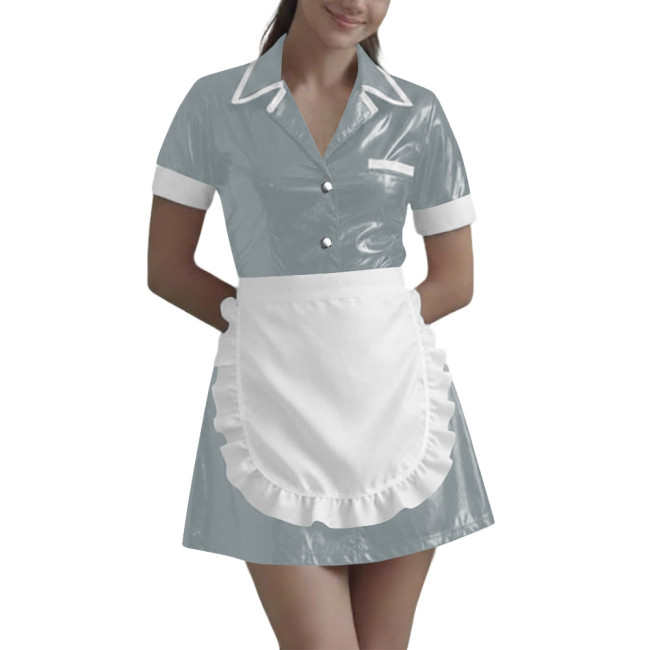 Women Wetlook Maid Cosplay Mini Dress Cute Ruffle Apron Lolita Halloween Short Sleeve PVC Leather Party Sexy Waitress Uniform