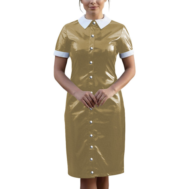 Vintage Wetlook PVC Leather Party Uniform Short Sleeve Club Vestidos Bodycon Midi Dress Button Down Fetish Female Cosplay Dress