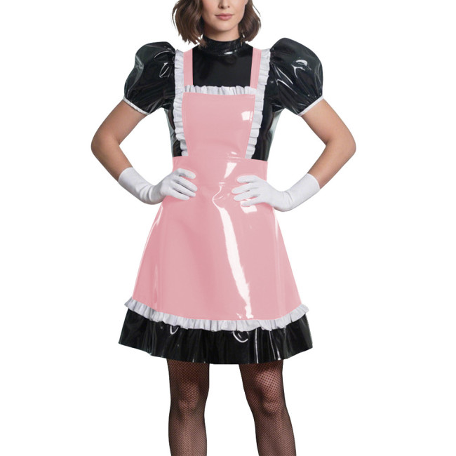 Sweet Puff Sleeve Lolita Wetlook Maid Dress Glossy PVC Leather Anime Theme Party Dress Gothic Puff Sleeve Cosplay French Costume