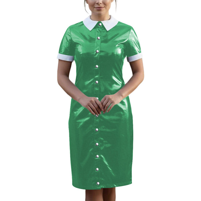 Vintage Wetlook PVC Leather Party Uniform Short Sleeve Club Vestidos Bodycon Midi Dress Button Down Fetish Female Cosplay Dress