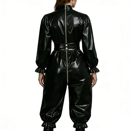 Adult Gothic Punk PVC Fetish Open-crotch Jumpsuit Shiny Vinyl Ruffle Trim Cosplay Sets Erotic Lock Zipper Nightclub Crossdresser