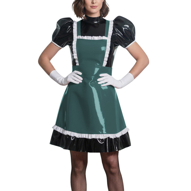 Sweet Puff Sleeve Lolita Wetlook Maid Dress Glossy PVC Leather Anime Theme Party Dress Gothic Puff Sleeve Cosplay French Costume