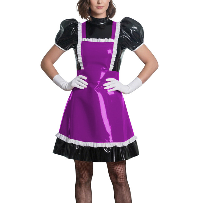 Sweet Puff Sleeve Lolita Wetlook Maid Dress Glossy PVC Leather Anime Theme Party Dress Gothic Puff Sleeve Cosplay French Costume